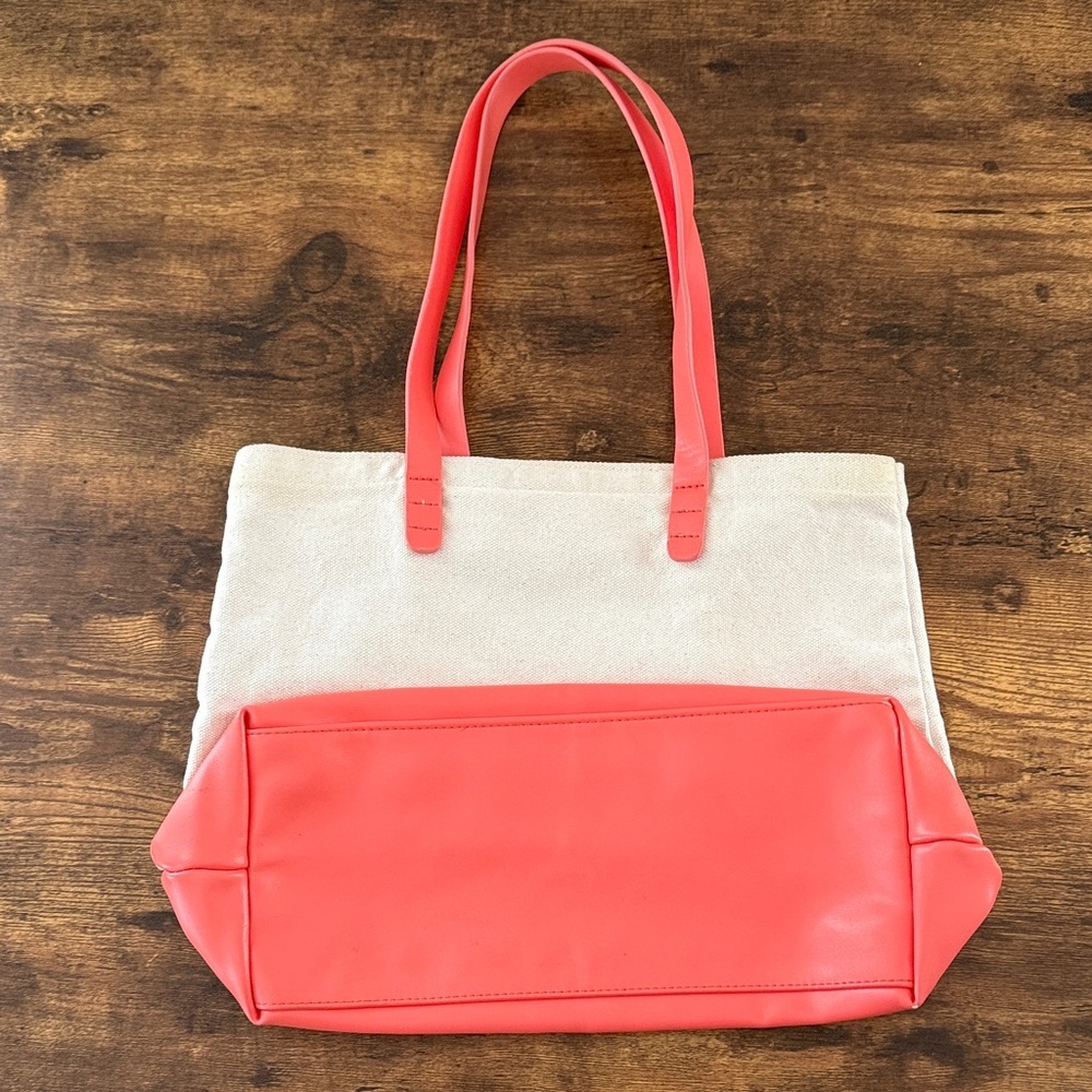 Vegan Leather Coral and Cream Canvas Tote Bag